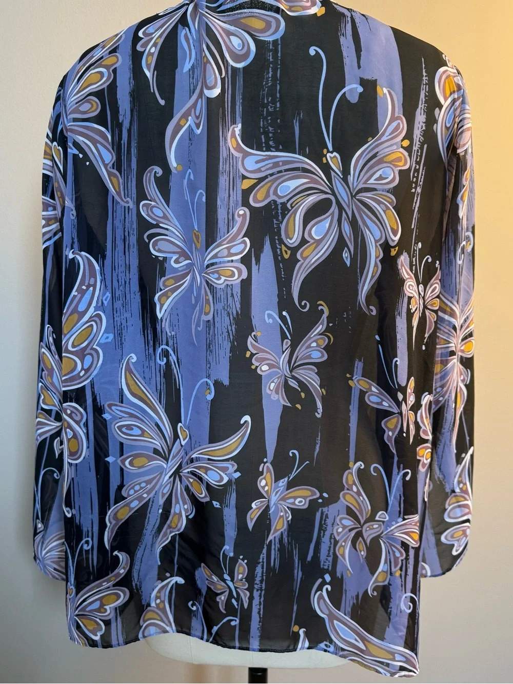 Bob Mackie Black Lavender Floral Print Sheer Blazer, 1X